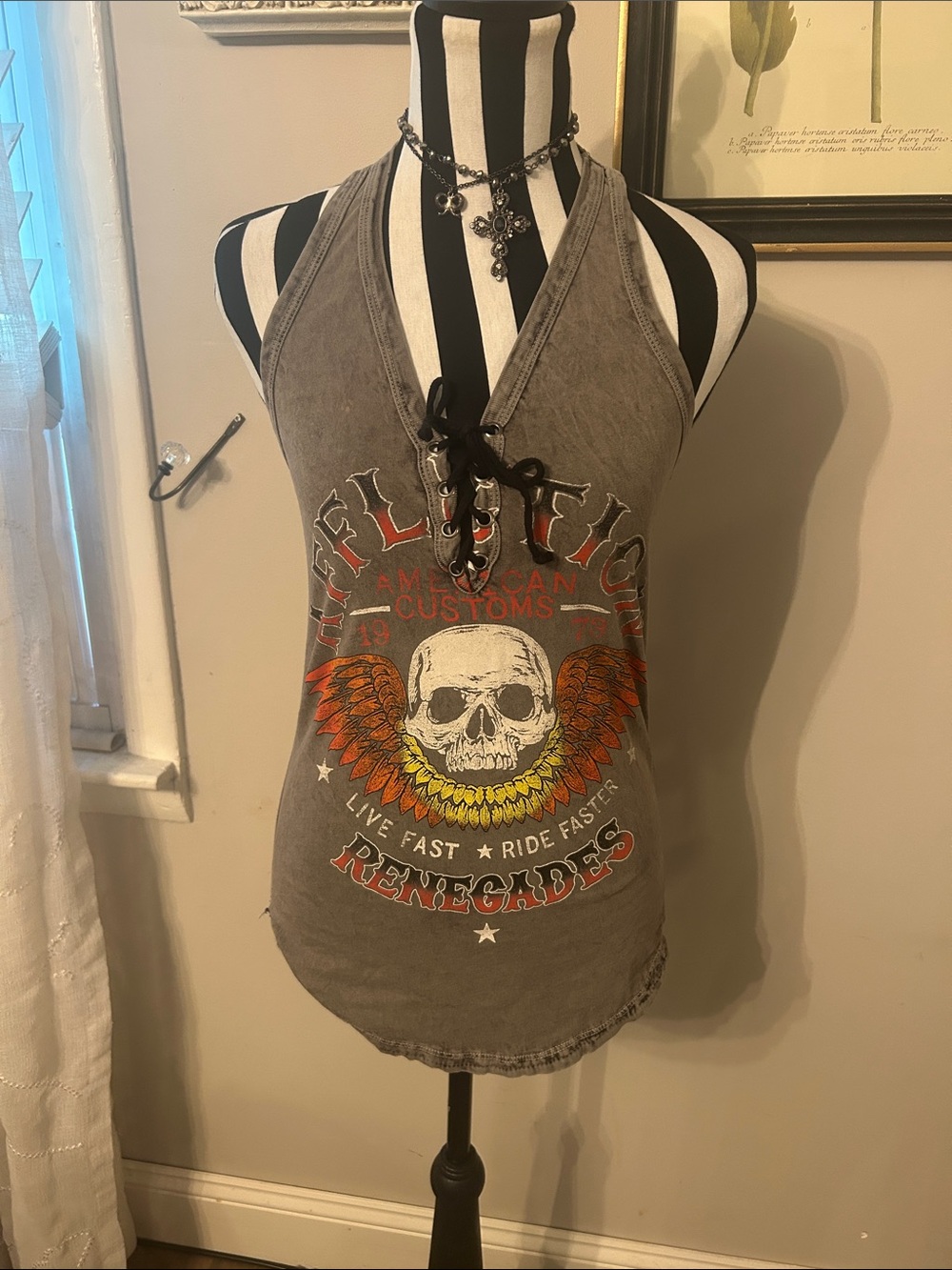 Y2K Affliction Gray Lace-Up Halter Tank with Skull & Wing Graphic small